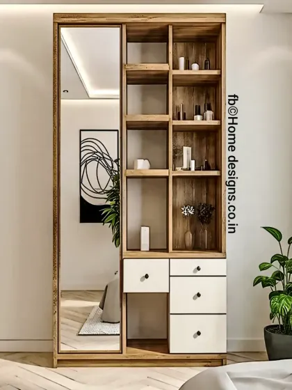 A compact and efficient dressing unit with a full-length mirror. The design incorporates a mix of open shelves and closed drawers, providing versatile storage for cosmetics and accessories.