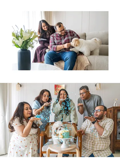 A collage of birthday fun! The top image shows a quiet moment of play, while the bottom captures the whole family blowing confetti over Kyro and his cake in a burst of celebration.