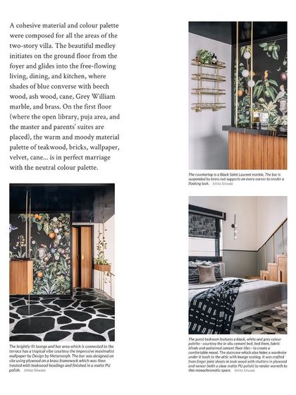 An excerpt from AD discussing the cohesive material and color palette we developed for a two-story villa, blending shades of blue, wood, cane, and brass.