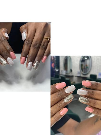 A chic and modern combination of peach, white, and gold glitter nails. The color blocking and glitter accent create a stylish and sophisticated look.