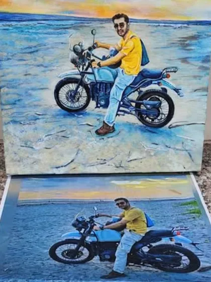 This custom acrylic portrait was more than a painting; it was a birthday gift meant to capture a person's true spirit. By weaving in his love for bikes and the open road, the photograph was transformed into a personal story on canvas, a memory that now has a permanent place in his home.