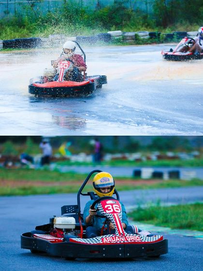 A side-by-side look at the action. One kart splashes through a puddle while another holds a tight line on a damp section of the track.