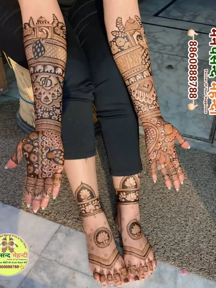 This coordinated hand and foot mehndi set features simple yet elegant lotus mandalas on the feet and intricate traditional patterns on the arms, creating a balanced bridal look.