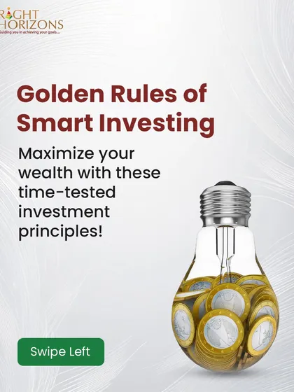 The cover slide for our carousel on the "Golden Rules of Smart Investing." The image of a lightbulb filled with coins symbolizes how smart ideas can lead to wealth, inviting users to swipe and learn more.
