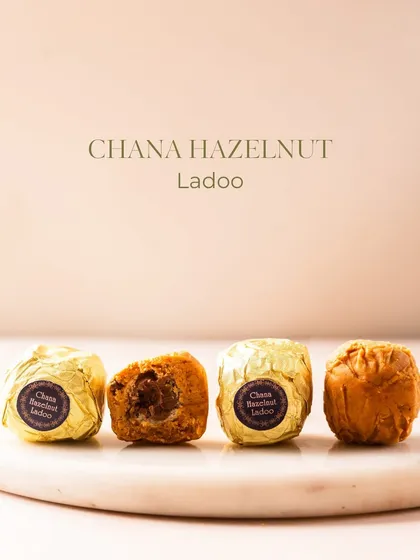 My Chana Hazelnut Ladoo is not a boring sweet. It's a modern take on a classic, with a rich hazelnut filling inside a crunchy roasted chana exterior.