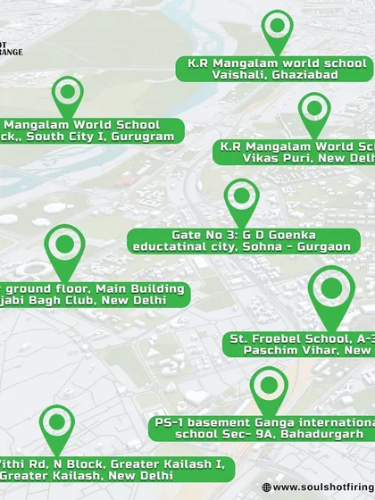 A map showcasing our multiple academy locations across Delhi, Gurugram, Ghaziabad, and Bahadurgarh, making it easy to find a range near you.