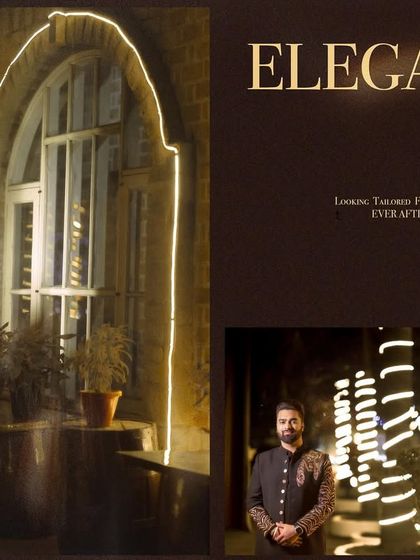 An elegant collage of the groom on his engagement night. The creative use of lighting and architectural elements creates a sophisticated and tailored portrait.