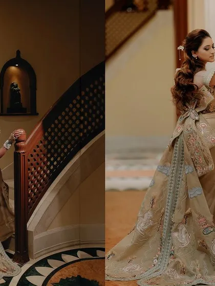 A diptych showcasing the bride's magnificent gown. The long train and intricate details are highlighted as she poses on a grand staircase, creating a look of pure elegance.