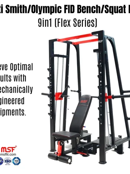 Our 9-in-1 Multi Smith, Olympic FID Bench, and Squat Rack from the Flex Series. This is a complete workout station, biomechanically engineered for optimal results and built with a heavy-duty frame for total safety and stability.