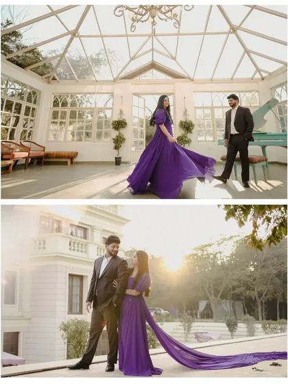 This collage shows the versatility of a single location, from a sunlit conservatory shoot to a golden hour portrait outdoors. The bride's flowing purple gown adds a touch of fairytale magic to their pre-wedding session.