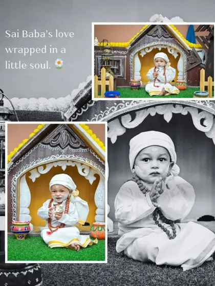 A beautifully edited collage with both color and black-and-white photos from the Sai Baba session. This artistic presentation highlights the timeless and spiritual nature of the theme.