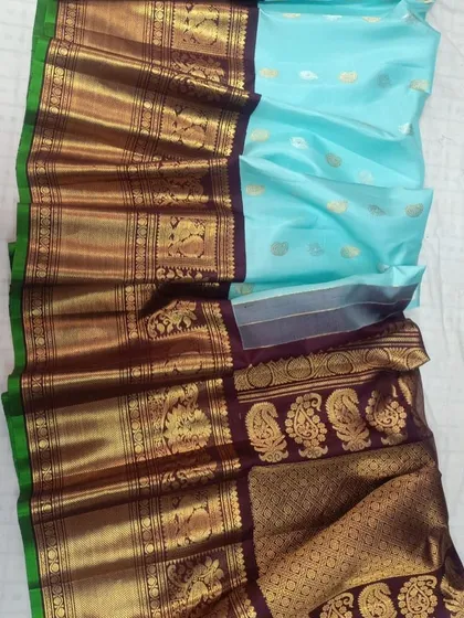 A lovely sky blue pure Gadwal silk handloom saree with a contrasting dark border featuring elephant and paisley motifs.