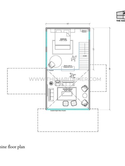 The mezzanine floor plan for the same container home. This upper level includes a bedroom and a small lounge area, showcasing how I use vertical space to create more functional living areas in a compact footprint.