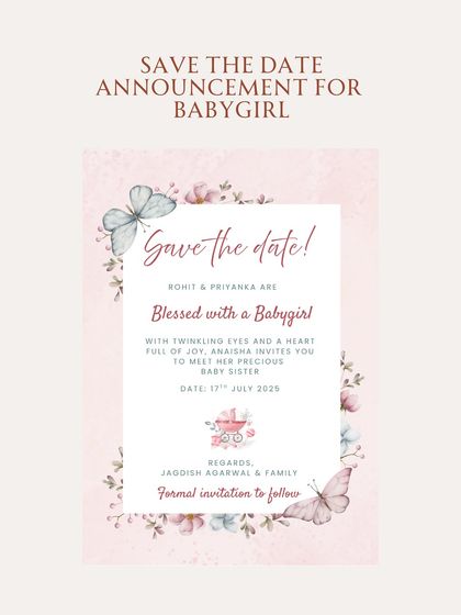 A closer look at the Save the Date announcement for a baby girl. The design is soft and gentle, with a lovely script and a tiny pram illustration, perfect for sharing the happy news.