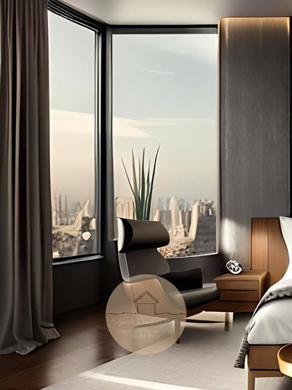 A view from the vintage-revival master suite, showing the floor-to-ceiling window that offers stunning city views, blending the interior luxury with the urban landscape.