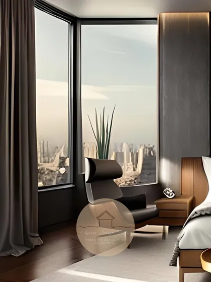 A view from the vintage-revival master suite, showing the floor-to-ceiling window that offers stunning city views, blending the interior luxury with the urban landscape.