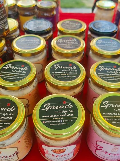 Our range of creamy, homemade spreads ready for a market day. Each jar is filled with deliciousness and is perfect for a quick and easy snack.
