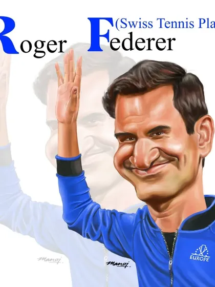 A caricature of Swiss tennis legend Roger Federer, waving farewell.
