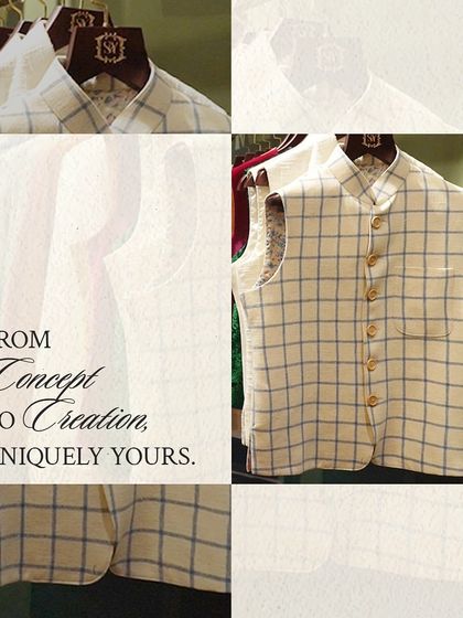 From concept to creation, uniquely yours. This graphic shows the evolution of a design, highlighting a checked Nehru vest as a piece of personalized style.