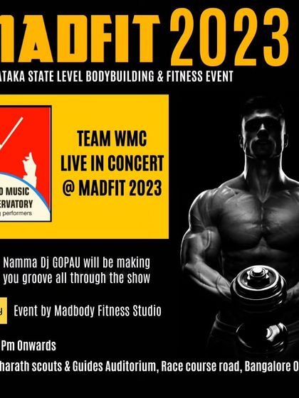 The official event poster for our live concert at Madfit 2023, a major bodybuilding and fitness event in Karnataka.