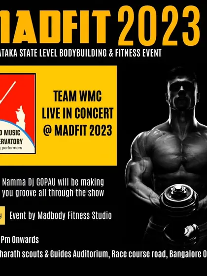 The official event poster for our live concert at Madfit 2023, a major bodybuilding and fitness event in Karnataka.