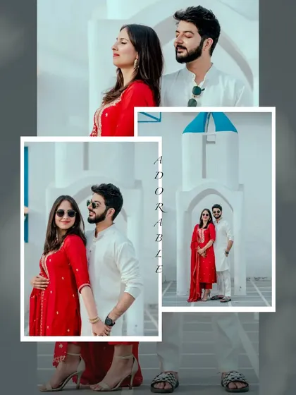 A collage of a couple's shoot at our Santorini set, showing different poses and angles. The clean white walls and pops of blue create a fresh and modern romantic feel for your pre-wedding album.