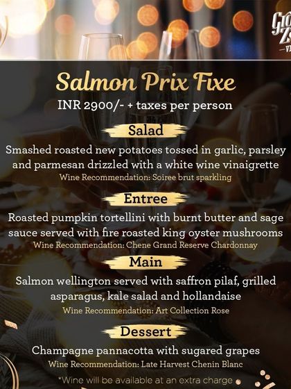 For seafood lovers, I created this Salmon Prix Fixe menu. The highlight was a Salmon Wellington, beautifully complemented by our Art Collection Rosé, followed by a delicate Champagne panna cotta.