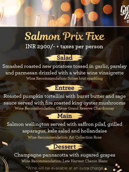 For seafood lovers, I created this Salmon Prix Fixe menu. The highlight was a Salmon Wellington, beautifully complemented by our Art Collection Rosé, followed by a delicate Champagne panna cotta.