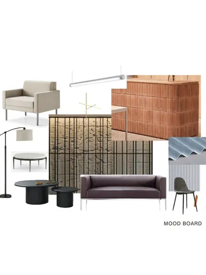 This mood board for the Jaipuria student housing reception shows our design process. It outlines the combination of raw textures, industrial elements, and modern furniture that defines the project's grounded and inspiring character.