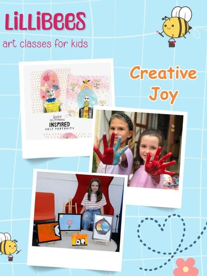 "Creative Joy." A collage showing the fun and vibrant energy of our art classes, from painted hands to proud smiles.
