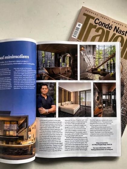Our 'Green Court Villa' project received an exclusive feature in Condé Nast Traveller. The article explores the concept of living closer to nature through a symphony of grey, wood, black tones, and lush greenery.