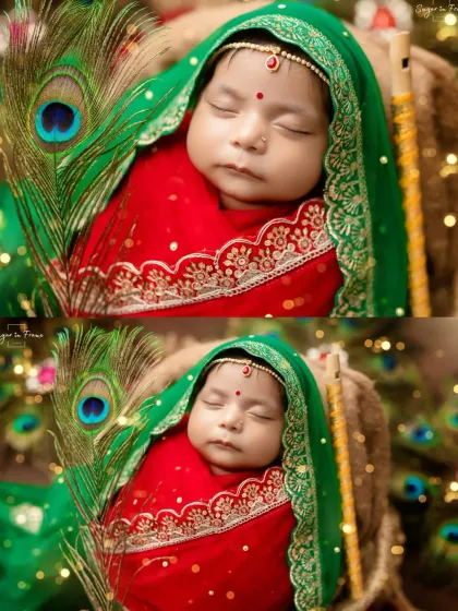 Two beautiful angles from our Radha themed newborn shoot, showing the full setup with peacock feathers.