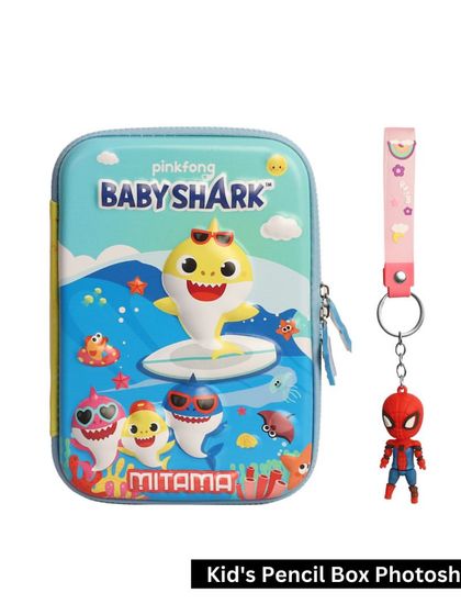 A kids' pencil box with an included keychain, photographed together to show the full product offering.