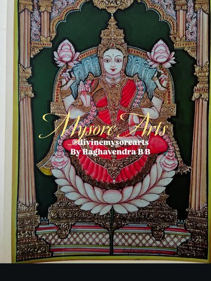 This stunning Mysore painting of Goddess Lakshmi is a treasure designed to last for generations. Crafted with pure gold leaves and detailed gesso work, it brings home the blessings of prosperity.