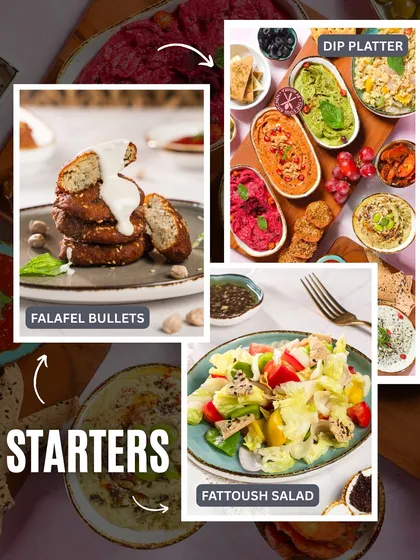 Your party starters, sorted. This collage showcases some of our Lebanese bestsellers, including crispy Falafel Bullets, fresh Fattoush Salad, and a colourful dip platter perfect for sharing.