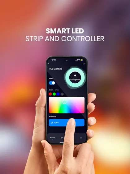 My app's interface for the Smart LED Strip and Controller is designed for simplicity. The color wheel lets you select any hue, and the slider allows for precise brightness adjustments, all from one screen.