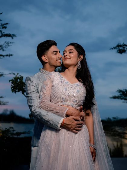 A romantic pre-wedding shoot for Yash and Sakshi against a beautiful sunset. We help plan and style these shoots to capture the couple's love story before the big day.