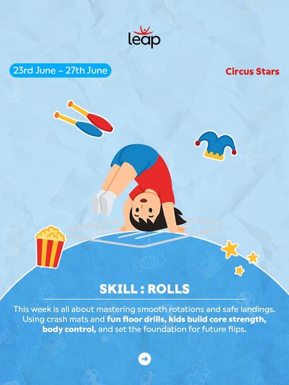 The Circus Stars week is all about mastering smooth rotations and safe landings. Using crash mats and fun floor drills, kids build core strength and body control.