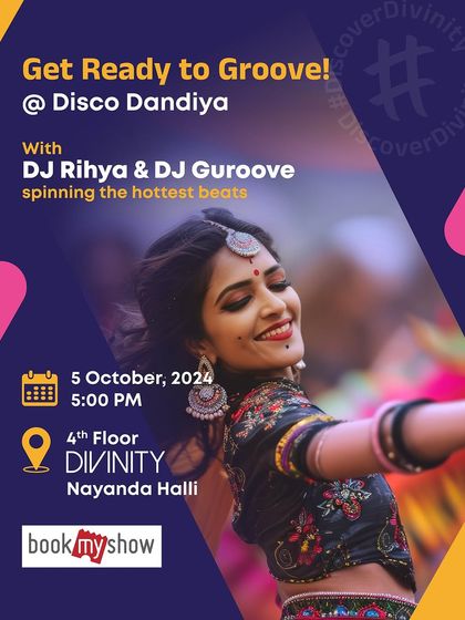 This poster for Disco Dandiya at Divinity Mall shows how I collaborate with other artists like DJ Rihya to create large-scale festive events.