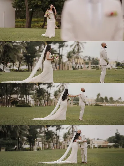 The story of a "first look" told in a four-part sequence, from the bride's approach to the couple's emotional embrace.