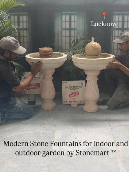 My artisans are shown with two modern stone fountains that double as birdbaths. These are suitable for both indoor and outdoor garden use.