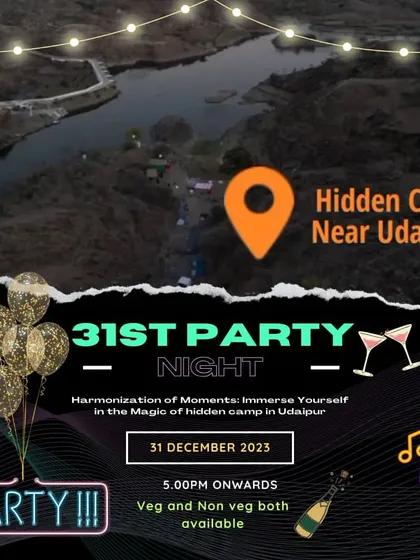 We host special events like this New Year's Eve party at a hidden camp near Udaipur. This flyer shows a typical event promotion, including details on location, timing, and the availability of both veg and non-veg food.