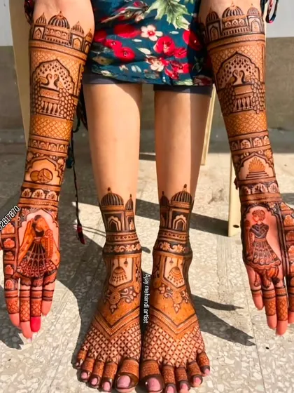 This is another example of a full bridal mehndi set for hands and feet. The design features a bride in her doli, a classic and emotional moment from Indian weddings, drawn with incredible detail.