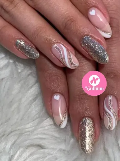 A perfect party or wedding set, with a mix of full-coverage glitter and delicate white and silver swirl designs.