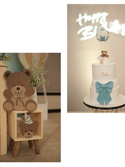 A collage showing a teddy bear cutout and a beautiful three-tiered cake with a large blue bow.
