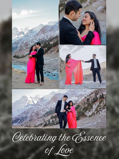 A collage celebrating the essence of love with multiple shots from a beautiful pre-wedding shoot in the Himalayas.