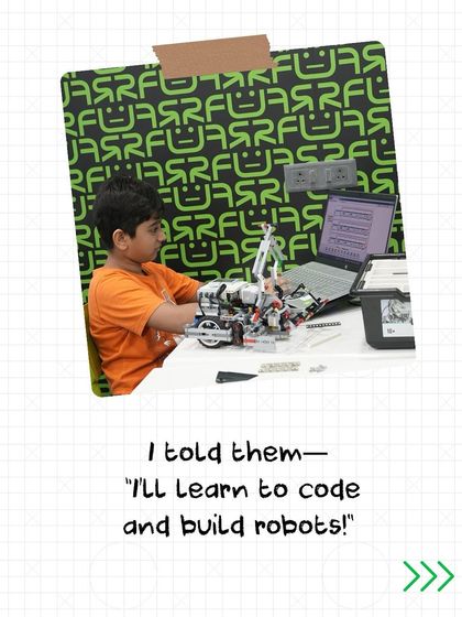 "I'll learn to code and build robots!" This image is part of a series from a child's perspective, explaining the valuable skills they will gain at our Diwali Camp.