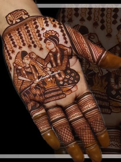 This design captures the sacred sathphera ritual, with the bride and groom circling the holy fire. An elephant motif on the wrist adds a touch of traditional symbolism to this narrative piece.