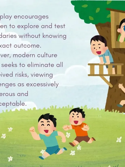 These graphics explain the concept and benefits of "risky play," encouraging parents to step back and allow children to test boundaries, manage risks, and build resilience.