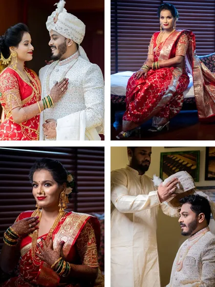 A glimpse into the getting-ready moments of a Maharashtrian bride and groom, highlighting their traditional red and white wedding attire.